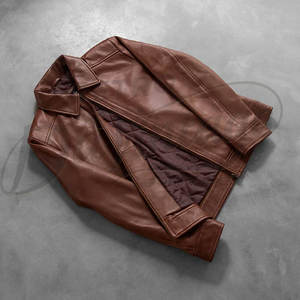 Veste en cuir marron cognac pour homme, en véritable peau de mouton, style col chemise vintage, coupe ajustée, automne-hiver, veste moto décontractée - Product Image 1