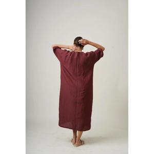 Robe tunique maxi en lin simple faite à la main avec manches courtes, col rond, poches, couleur unie confortable, toutes saisons, vêtements pour femmes - Product Image 5