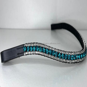 Beautiful Handmade Blue Green Diamante <b>Crystals</b> Rhinestones Bling Padded Black Leather Horse Brow Band with <b>Stitched</b> Loop Ends - Product Image 2