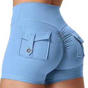 Shorts bleus taille haute avec poches, respirants, en tricot de spandex et polyester, décontractés pour femmes - Product Image 1