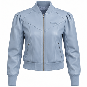 Sky Blue <b>Womens</b> Soft Lambskin <b>Leather</b> Bomber <b>Jacket</b> Puff Sleeve Seam Detail Rib Waist Hem Custom Manufacturer Export Vendor - Product Image 1