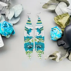 top sale Hummingbird Beaded Fringe Earrings, Blue Flower Bird Earrings, Seed <b>Bead</b> Dangle Jewelry, Handmade Boho Statement - Product Image 4