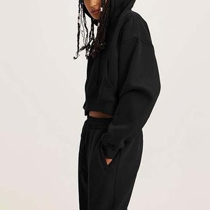Ensemble survêtement décontracté pour femme, hiver, noir, à capuche, crop top et pantalon de survêtement, 100% coton, coupe classique, imprimé, couleur unie, longueur intégrale - Product Image 4