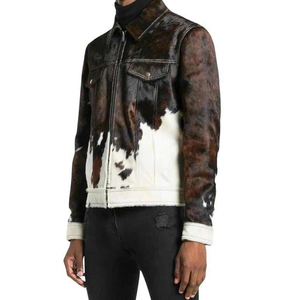 <b>Men</b>’s Cowhide Leather Trucker Jacket Black White Pattern Genuine Leather Casual Denim Style Fashion Streetwear Coat Clothing - Product Image 4