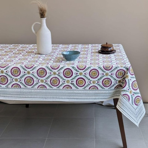 Hand Block Printed Floral <b>Tablecloth</b> Red Green And Yellow Indian Hand Block Printed <b>Tablecloth</b> Table Cover Linen Set - Product Image 3