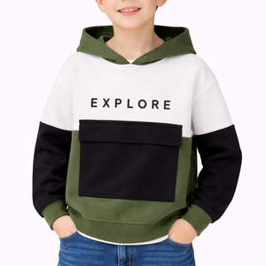 Sweat-shirt à capuche imprimé colorblock pour garçons, pull décontracté pour enfants, vert, blanc, noir, à manches longues, en mélange de coton, pour l'hiver - Product Image 1