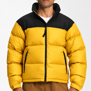 Men's Yellow Black Color Block <b>Puffer</b> <b>Jacket</b> Windproof Zipper Closure Stand Collar Casual Winter Outerwear Thick Polyester Shell - Product Image 1