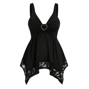 Haut sans manches noir pour femme avec détail cœur, buste froncé à l'avant, ourlet en dentelle, décontracté, mode estivale, chic et élégant pour les soirées - Product Image 1