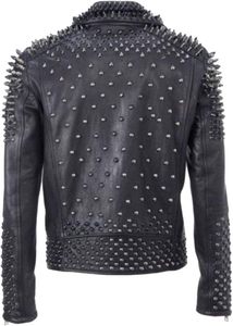 Chaqueta de cuero negra estilo punk para hombre con remaches, cuello vuelto, cierre de cremallera, corte ajustado y detalles de pedrería. - Product Image 4