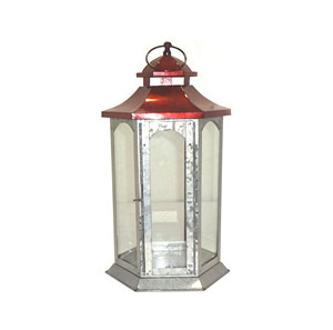 Lanterne à bougie hexagonale suspendue en métal galvanisé rouge, avec anneau de ventilation de toit pagode, poignée et panneaux de verre transparents, pour garniture de fenêtre en arche - Product Image 2