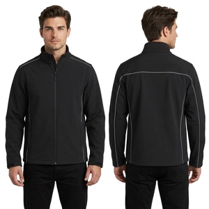 Custom <b>Black</b> Polyester Nylon Minimal Softshell <b>Jacket</b> for Men with Stand Collar and Full Zip for Urban Casual Layering - Product Image 1
