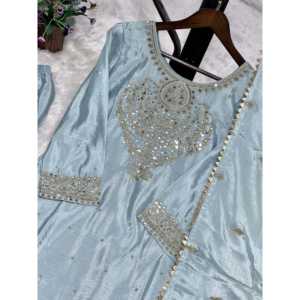 Hermoso Conjunto de Satén con Blusa y Pantalón, y Elegante Dupatta para Fiestas, Diseño de Manga Larga - Product Image 5