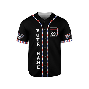 Custom Barber Shop Sublimated Jersey Black With Red White Blue Trim Personalized Name And Logo - Product Image 1