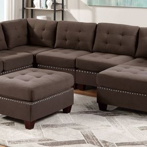 Sillón sin Brazos Acolchado para Sala de Estar, Tela de Lino Color Café Negro con Patas de Madera y Remaches, 1 Cojín Incluido - Product Image 6
