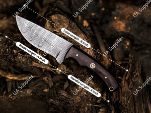 มีดทำมือเหล็กดามัสกัสแบบเต็มด้าม ปลายหยดน้ำ คมเฉียง สำหรับกิจกรรมเอาตัวรอดกลางแจ้ง ตั้งแคมป์ พกพาประจำวัน (EDC) ด้ามไม้พะยูง พร้อมปลอกไม้  รับผลิตแบบ OEM - Product Image 4