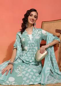 Ensemble Anarkali Kurta Dupatta en coton à imprimé floral, col en V, manches trois quarts, pour femmes, été, ethnique, décontracté, séchage rapide, protection solaire - Product Image 3