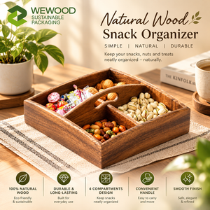 Plateau à collation en bois de noyer naturel de qualité supérieure avec 4 compartiments et poignée pour servir des noix, des bonbons et des fruits - Product Image 2