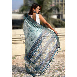 ผ้าไหมชานเดรีพิมพ์ลายดอกไม้สำหรับงานกลางคืน ยี่ห้ออีลิท วีฟส์ สกาย พร้อมขอบผ้าปักลายแจ็คการ์ด น้ำหนัก 600 กรัม - Product Image 4