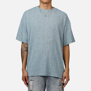 Men Oversized Knitted Cotton T-Shirt Solid Color O-<b>Neck</b> Short Sleeve Breathable Regular Fit <b>Light</b> Blue Textured Ribbed T-Shirt - Product Image 2