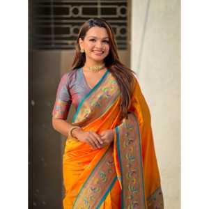 ผ้าไหมเยโอล่า ปาธาณี สีส้ม ลายซารี ทอแบบนาธ มีนาการี ตัดกัน ด้วยผ้าไหมอินเดียและปากีสถาน - Product Image 2