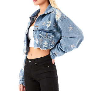 Veste en jean courte pour femme, style camionneur, manches longues, col rabattu, étoiles brodées, coton délavé, style décontracté printemps - Product Image 4