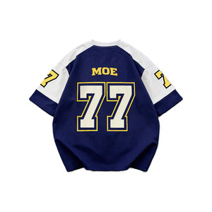 Fabricant de maillots de football américain bleu nuit personnalisés à manches raglan, manches contrastées blanches, numéro 77 imprimé, t-shirt homme surdimensionné - Product Image 3