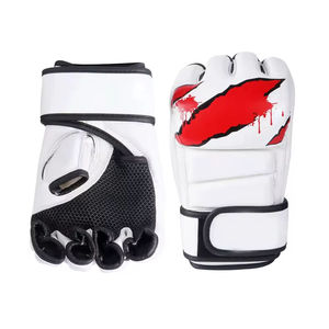 Gants de MMA blancs à demi-doigts avec motif rouge effet gouttelettes en cuir PU et fermeture Velcro pour adultes pratiquant les arts martiaux - Product Image 1