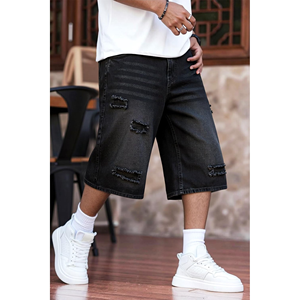 Men's Customizable Solid Embroidered Denim Shorts Baggy Wide Leg Knee Length High Street Style Vintage Ripped Quick Dry Jorts - Product Image 4