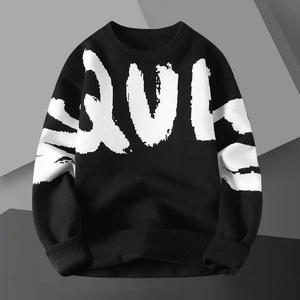 Pull en tricot à col rond pour femme, couleur crème, avec impression de lettres noires, coupe classique, vêtements décontractés d'automne - Product Image 2