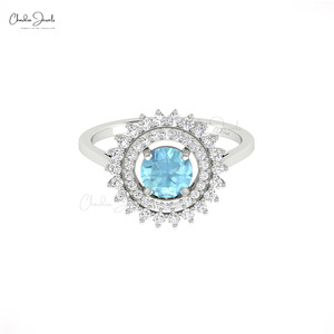 Natural 6mm Round Cut Aquamarine Floral Halo <b>Ring</b> with Diamond <b>Cocktail</b> <b>Ring</b> In 14k Solid <b>Gold</b> Celestial Jewelry for Women - Product Image 3