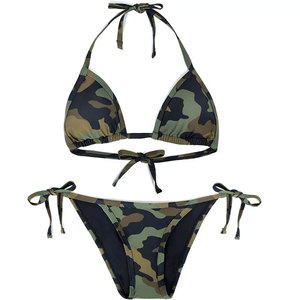 Ensemble de bikini imprimé camouflage pour femme, col halter, bas à nouer sur le côté, en spandex et polyester extensible, maillot de bain deux pièces, coupe classique - Product Image 3