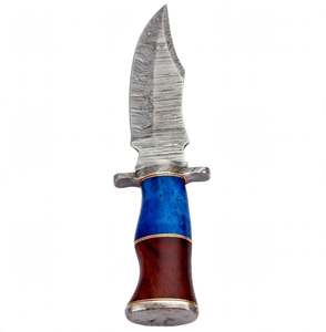 Herramienta fija de acero damasco con patrón de plumas hecha a mano, con mango de madera dura y hueso estabilizado azul. - Product Image 2