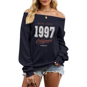 Sweat-shirt en soie personnalisé pour femme, coupe épaules dénudées, motif graphique lettres 'California Vintage', haut asymétrique à une épaule, pull ample, taille XS, 3D - Product Image 5