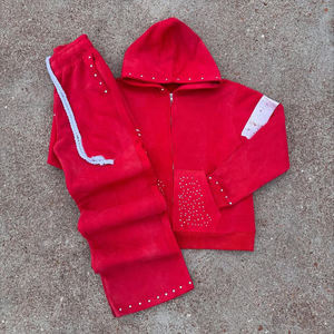 Ensemble de survêtement rouge à capuche pour filles, manches longues, fermeture éclair, détails en strass, couleur unie, ensemble décontracté pour l'automne - Product Image 4