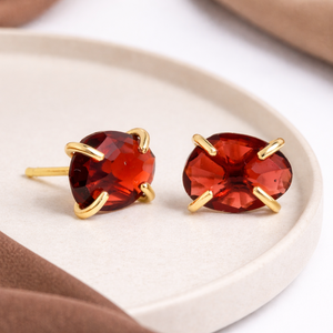Garnet Quartz Prong <b>Set</b> <b>Earring</b> Faceted Oval Tumble Gemstone <b>Earring</b> Handmade Birthstone <b>Stud</b> For Women - Product Image 1