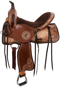 Selle western en cuir avec détails floraux, assise profonde pour le travail à la ferme et les sorties sur sentier, équipement équestre avec étriers - Product Image 3