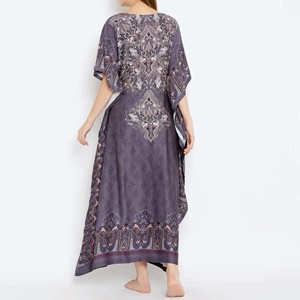 Women's Purple Paisley Print <b>Kaftan</b> Maxi Dress O-Neck Cap Sleeve Ankle-Length Modest Evening Wear Chiffon Fabric - Product Image 5