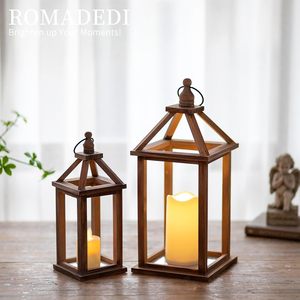 <b>Set</b> of 2 Rustic Wooden <b>Lanterns</b> Decorative Candle Holder Home Decor Wedding Table Centerpiece Indoor Outdoor Fireplace Decor - Product Image 4