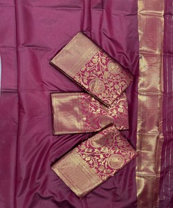 Sari de Seda Morado con Bordado Dorado Zari, Traje Tradicional Indio para Bodas, Estilo Banarasi, Sari Largo Hasta el Suelo para Mujer - Product Image 2