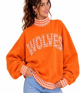 OEM ODM Women’s Oversized Heavyweight <b>Mock</b> Neck Sweatshirt Custom Plaid Gingham Patchwork Casual Varsity Pullover - Product Image 4