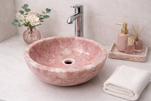 Lavabo de Cuarzo Rosa Natural Ecológico de Lujo, Lavabo Redondo para Baño, Lavabo de Encimera para Diseño de Tocador Moderno - Product Image 2