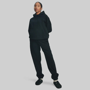 Ensemble de survêtement noir à capuche pour femme, sweat-shirt et pantalon de jogging longs, couleur unie, coupe décontractée ample, 100 % coton, idéal pour l'automne - Product Image 1