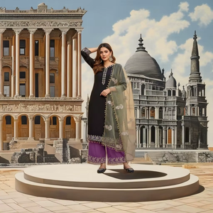 Traje de mujer moderno de secado rápido con top, pantalón y dupatta de seda romana pesada con bordado de esquinza - Product Image 1