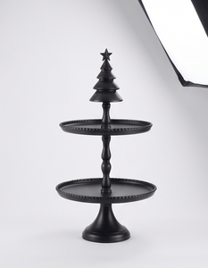 Seasonal Festive 2 Layer Black Metal Cake <b>Stand</b> Beaded Serving Tray Christmas Tree Finial Handle <b>Afternoon</b> <b>Tea</b> Display <b>Stand</b> - Product Image 5
