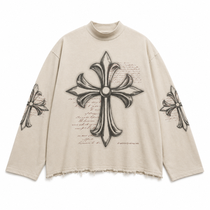 เสื้อยืดแขนยาวโอเวอร์ไซส์สไตล์สตรีทแวร์ผู้ชายลายกางเขนโกธิควินเทจ คอเต่า ผ้าฝ้ายสไตล์กรันจ์ ฮิปฮอป - Product Image 4
