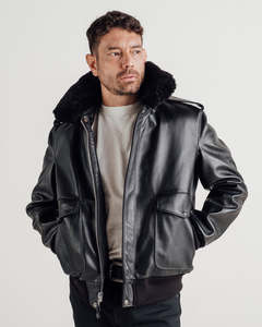 Veste en cuir véritable marron pour homme avec col en fausse fourrure, col rabattable, coupe classique, coupe-vent, style décontracté d'hiver - Product Image 1