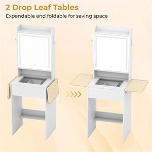 "White Glass <b>Makeup</b> Vanity with LED Lighted <b>Mirror</b> 2 Drop Leaf Extension & Built-in Charging Station" - Product Image 4