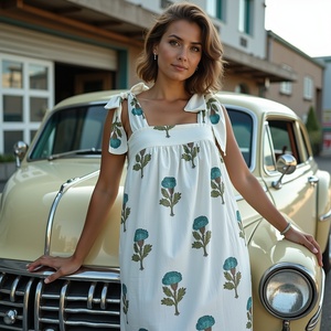 Vestido floral atado al hombro con motivos botánicos de tejido de algodón orgánico en tonos azules y verdes y escote cuadrado favorecedor para - Product Image 1