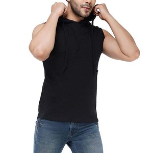 Camiseta sin mangas con capucha para hombre, color negro sólido, de algodón tejido, informal, para verano, corte regular - Product Image 2