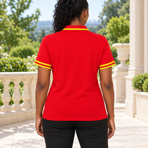 Camiseta Polo NSPDK para Mujer, Roja con Rayas Doradas, Cuello en V, Tejido Piqué, Manga Corta, Escudo Bordado, Ropa Griega - Product Image 4